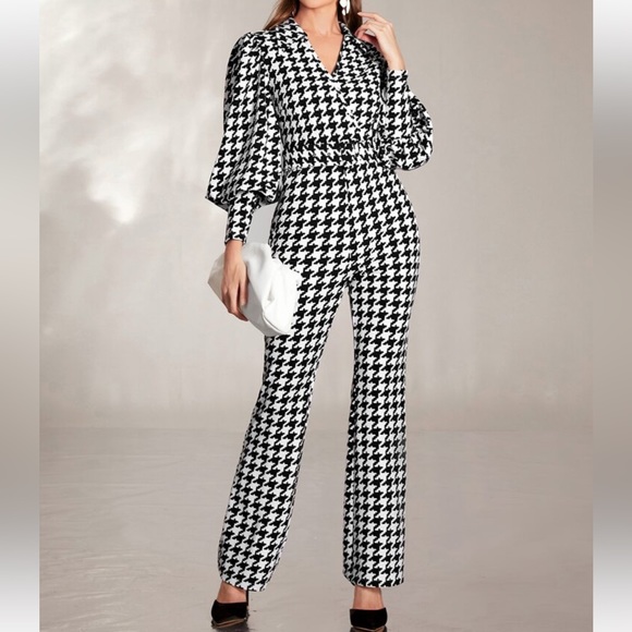 Classic Houndstooth Puffed Cuffed Long Sleeve Collar Belted Jumpsuit Flare Pants - Picture 3 of 6